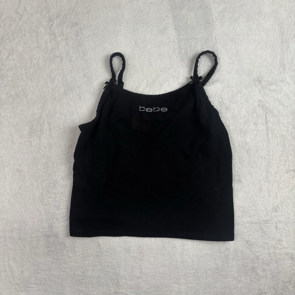 Y2K Bebe Black Crop Rhinestone Tank Top Girls Size‎ XL Distressed